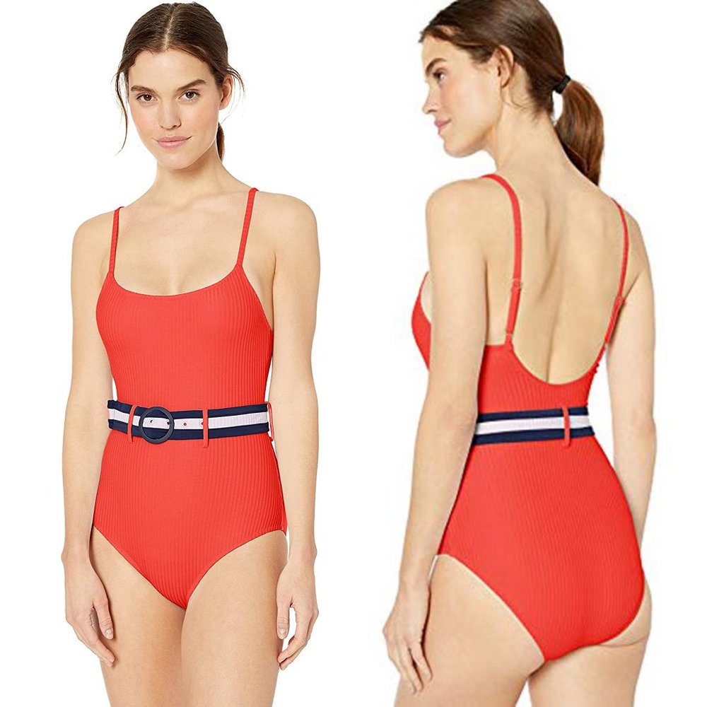 Jessica Simpson Ribbed Belted Low Back One-Piece